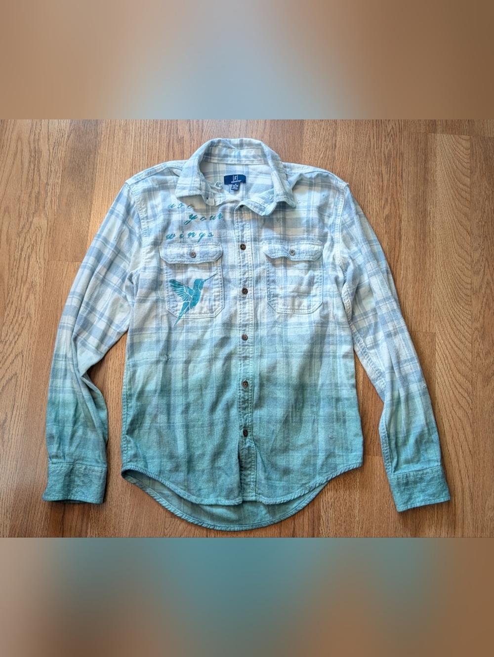 Hummingbird Hand Dyed distressed plaid button up size small 19" ptp